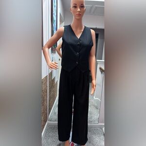 Two-Piece Linen Set – Vest & Wide-Leg Pants (Black) Size S